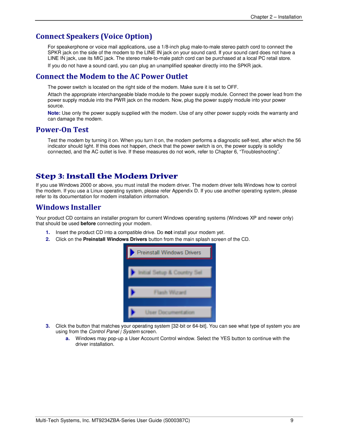 Multi-Tech Systems MT9234ZBA manual Connect Speakers Voice Option, Connect the Modem to the AC Power Outlet, Power-On Test 