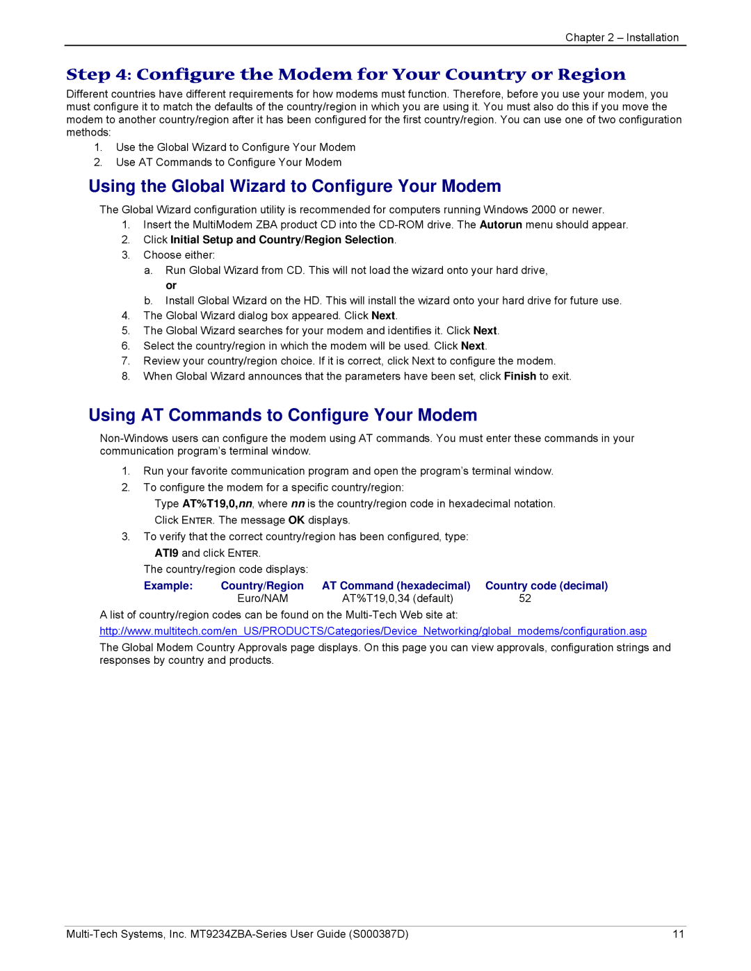 Multi-Tech Systems MT9234ZBA Configure the Modem for Your Country or Region, Using AT Commands to Configure Your Modem 