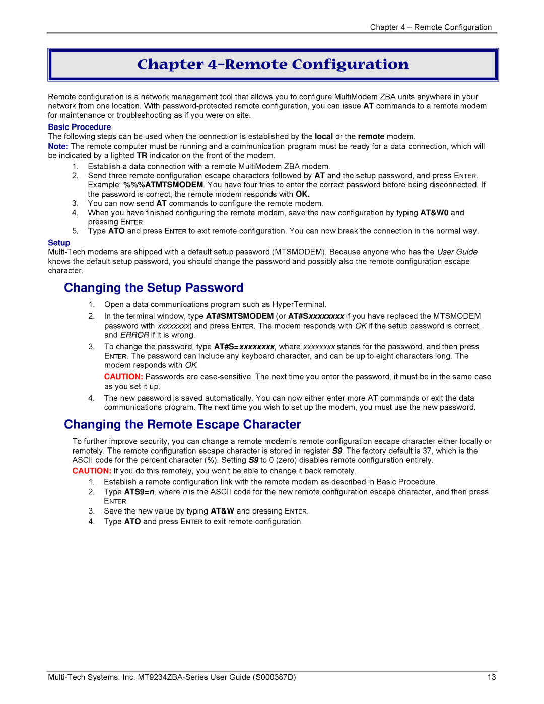 Multi-Tech Systems MT9234ZBA manual Remote Configuration, Changing the Setup Password, Changing the Remote Escape Character 