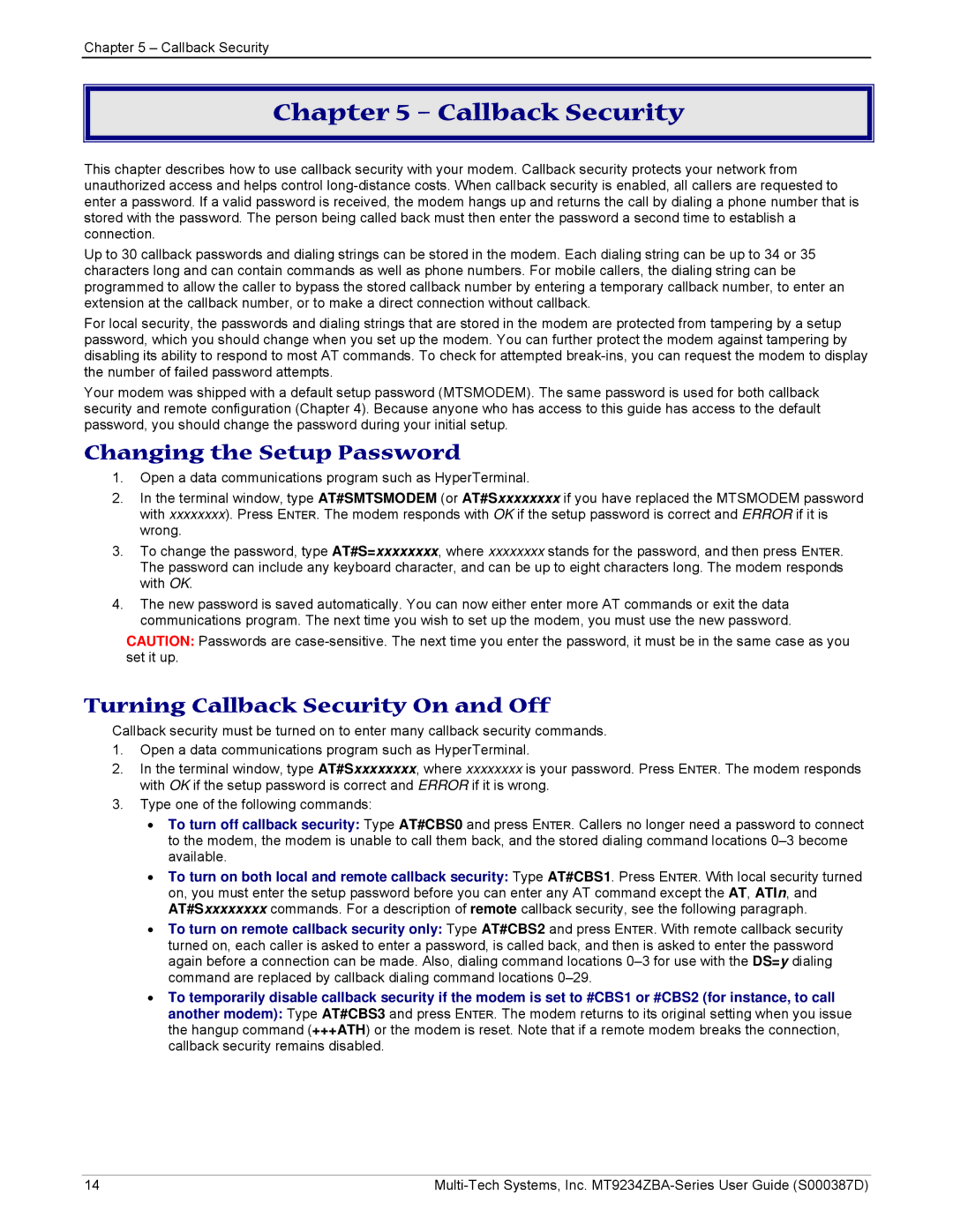 Multi-Tech Systems MT9234ZBA manual Changing the Setup Password, Turning Callback Security On and Off 