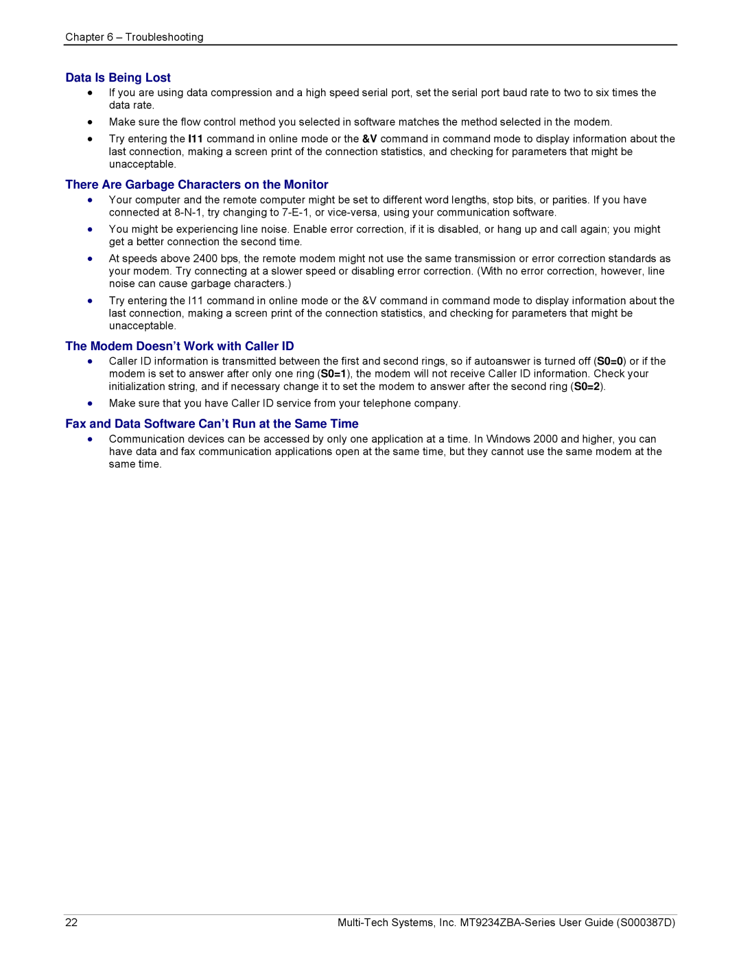 Multi-Tech Systems MT9234ZBA manual Data Is Being Lost, There Are Garbage Characters on the Monitor 
