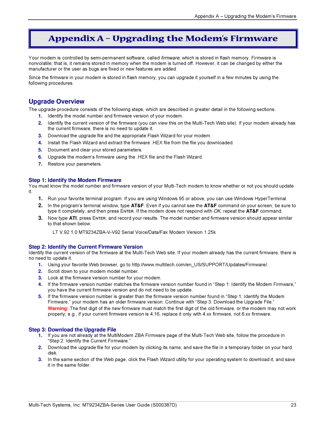 Multi-Tech Systems MT9234ZBA manual Appendix a Upgrading the Modem’s Firmware, Identify the Modem Firmware 