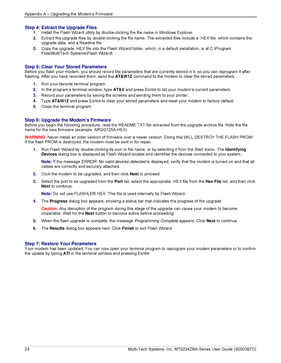 Multi-Tech Systems MT9234ZBA manual Extract the Upgrade Files, Clear Your Stored Parameters, Upgrade the Modem’s Firmware 