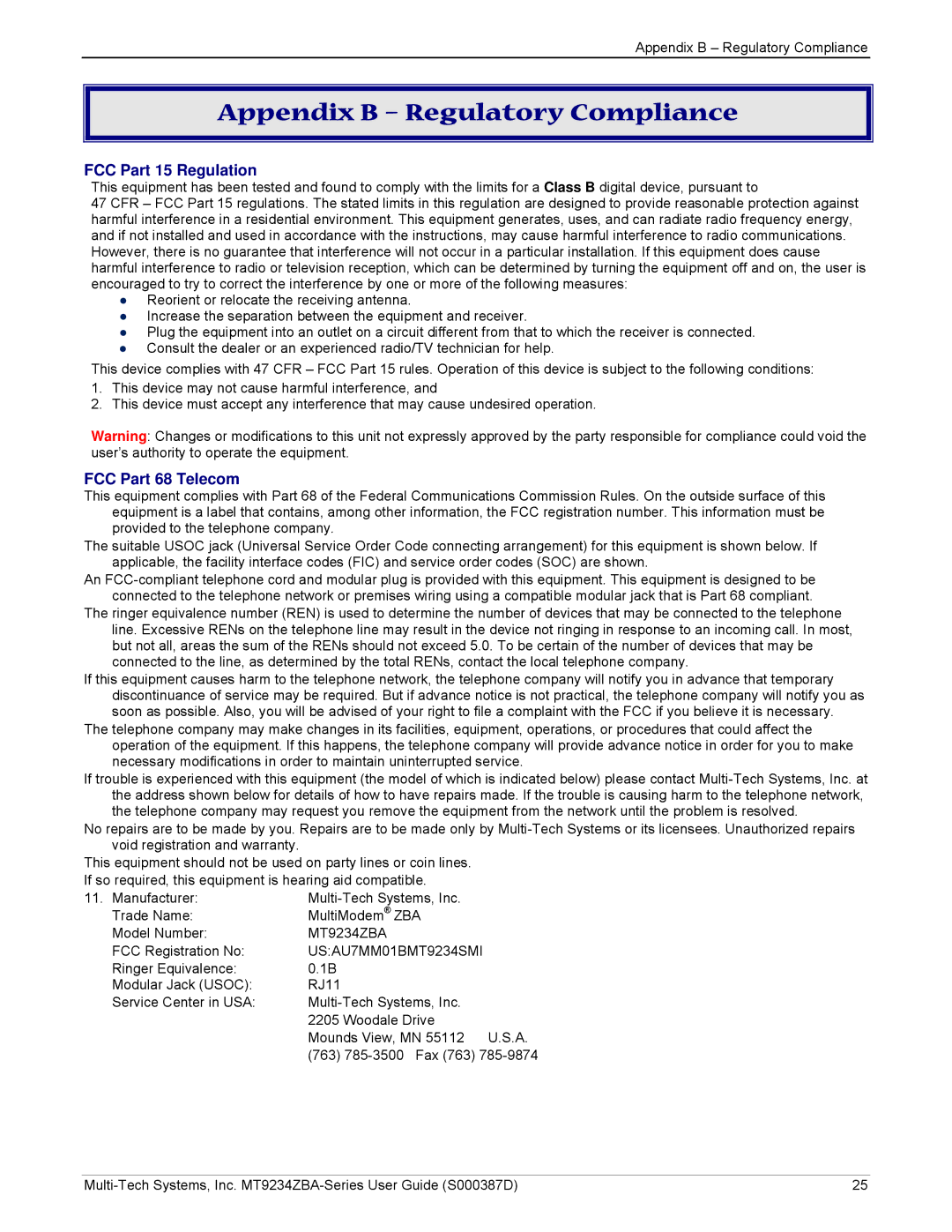 Multi-Tech Systems MT9234ZBA manual Appendix B Regulatory Compliance, FCC Part 15 Regulation, FCC Part 68 Telecom 