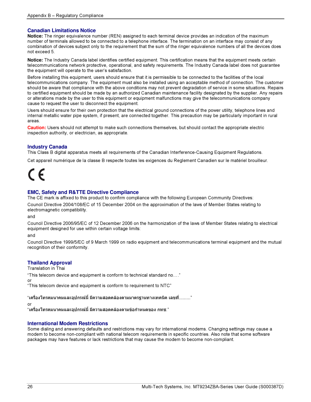 Multi-Tech Systems MT9234ZBA Canadian Limitations Notice, Industry Canada, EMC, Safety and R&TTE Directive Compliance 