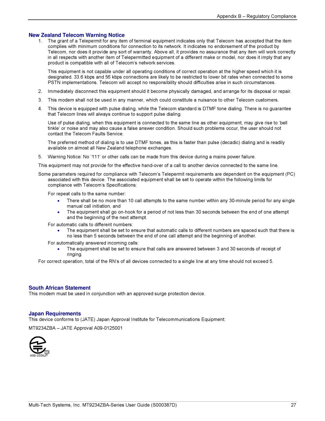 Multi-Tech Systems MT9234ZBA manual New Zealand Telecom Warning Notice, South African Statement, Japan Requirements 