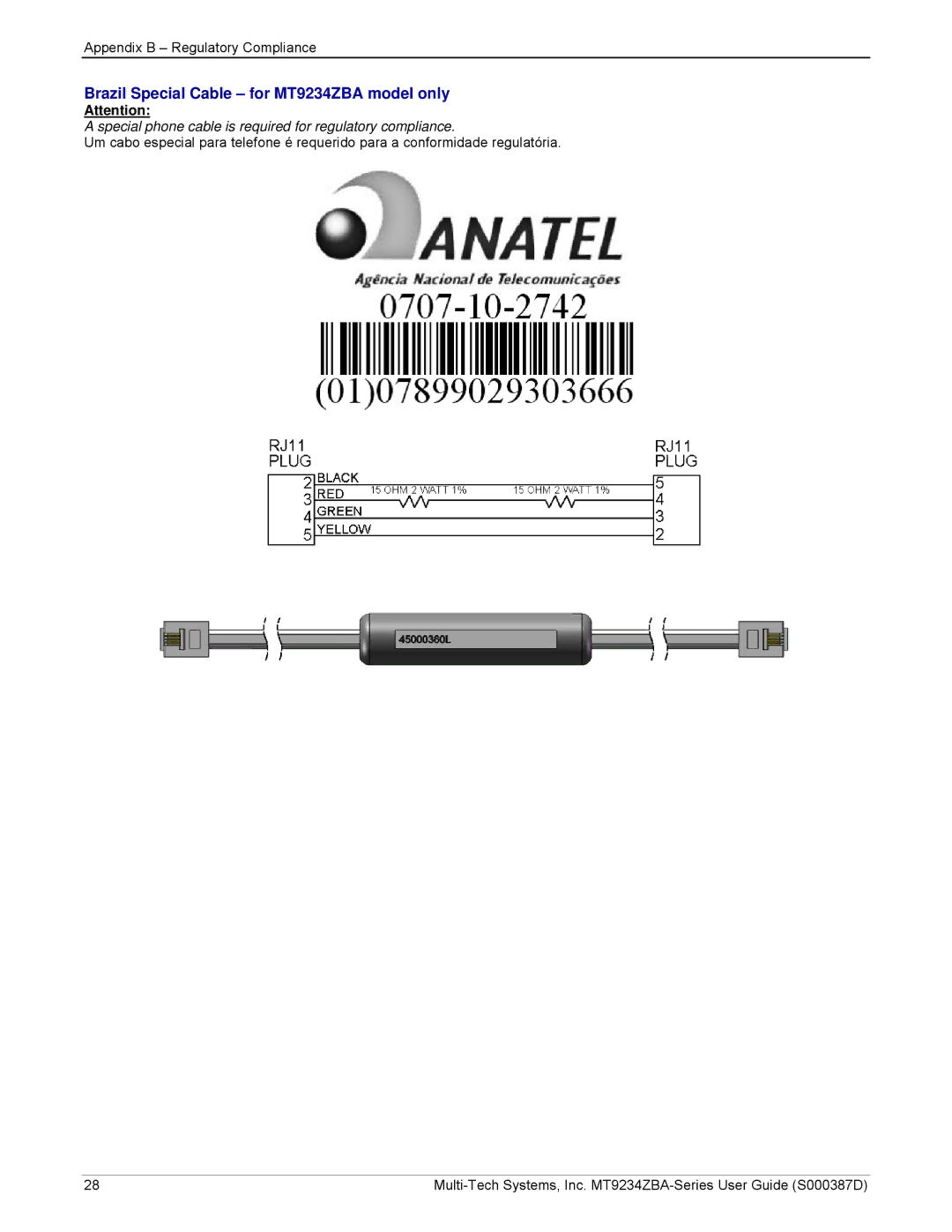 Multi-Tech Systems manual Brazil Special Cable for MT9234ZBA model only 