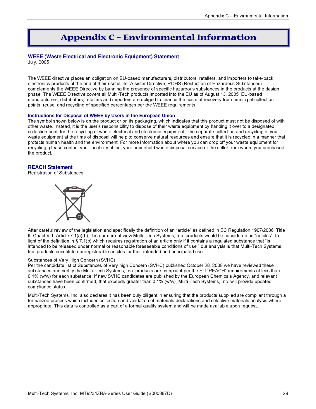 Multi-Tech Systems MT9234ZBA manual Appendix C Environmental Information, Reach Statement 