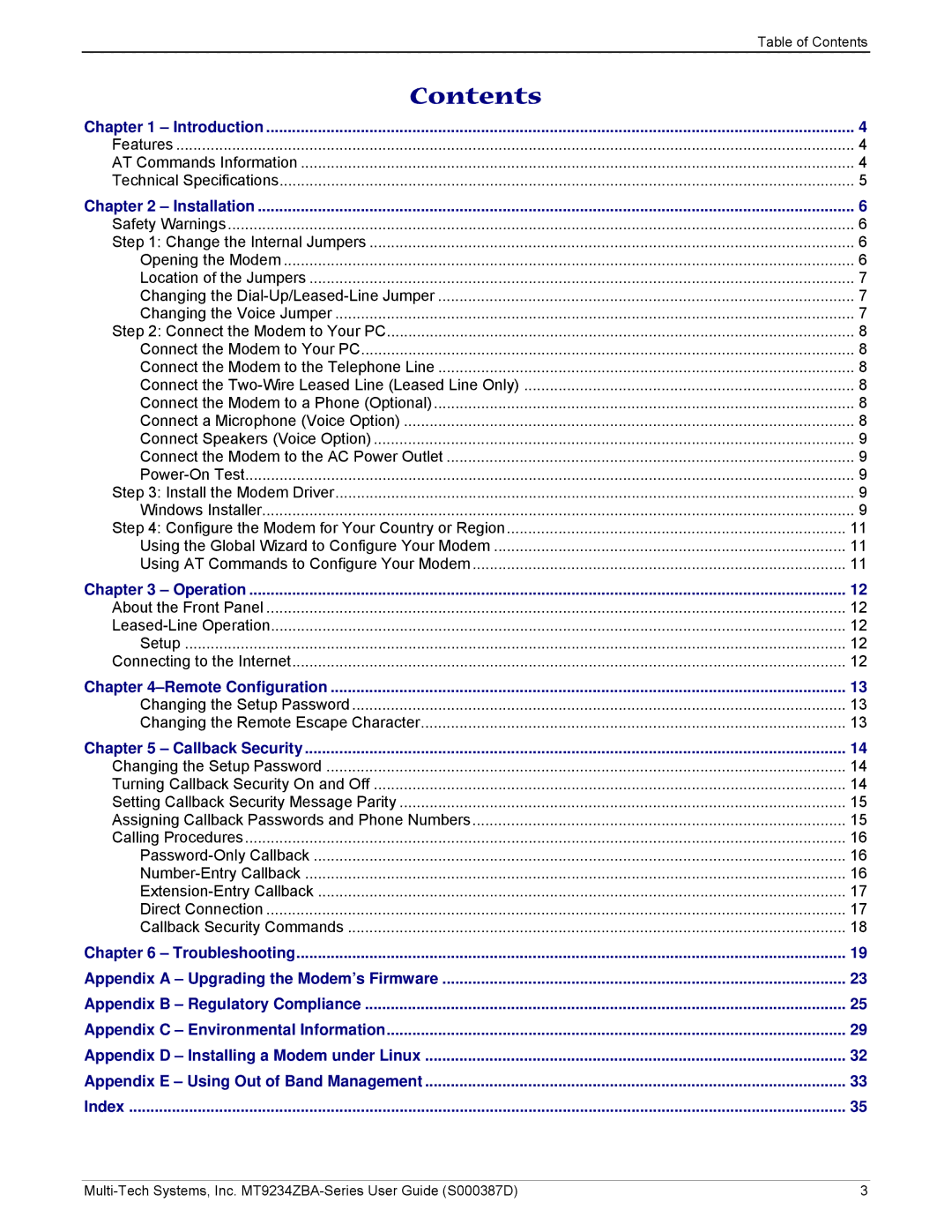 Multi-Tech Systems MT9234ZBA manual Contents 