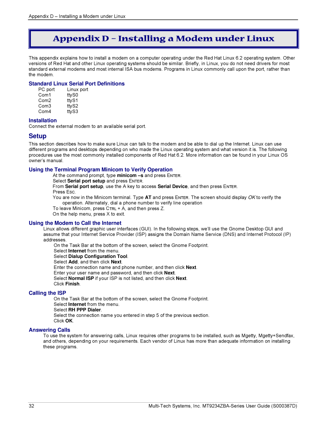 Multi-Tech Systems MT9234ZBA manual Appendix D Installing a Modem under Linux 