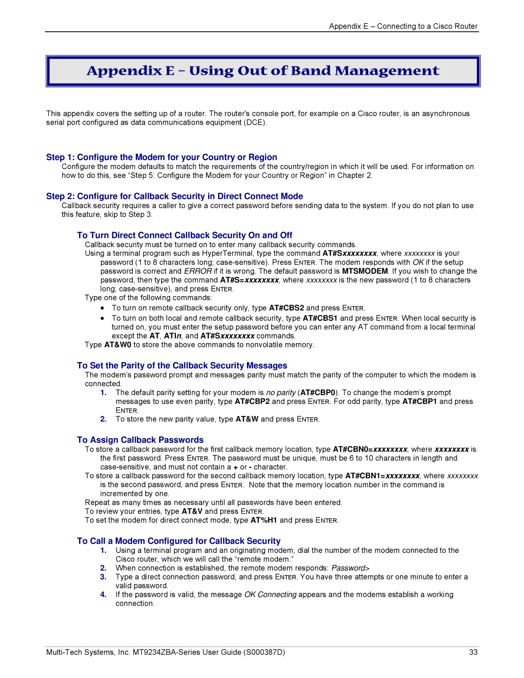 Multi-Tech Systems MT9234ZBA manual Appendix E Using Out of Band Management, Configure the Modem for your Country or Region 