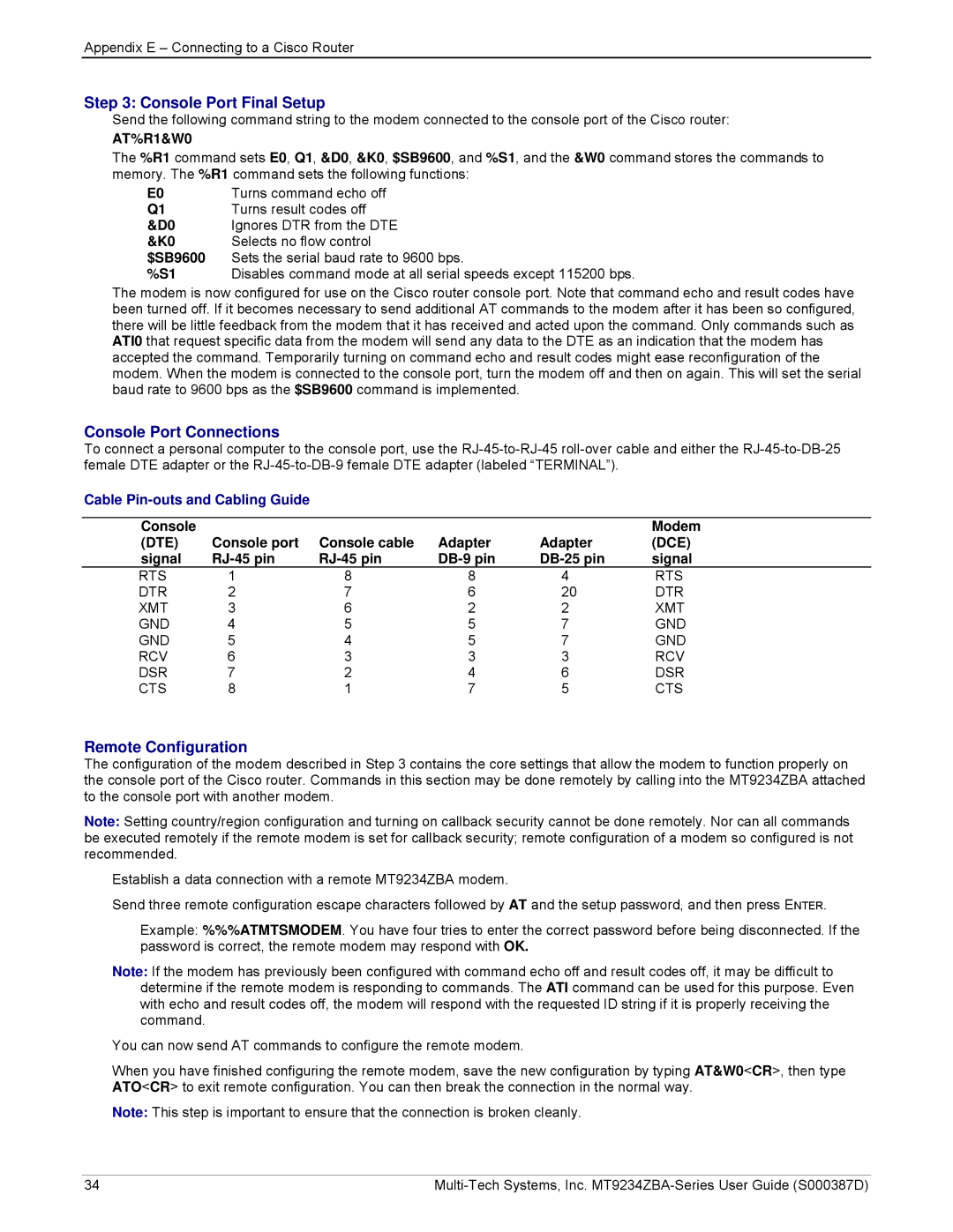 Multi-Tech Systems MT9234ZBA manual Console Port Final Setup, Console Port Connections, Remote Configuration 