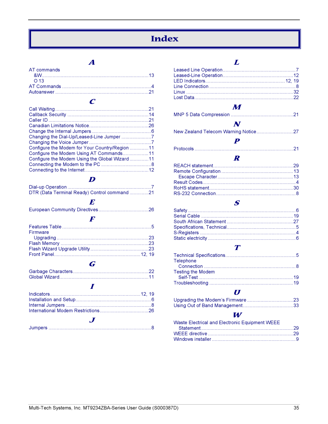 Multi-Tech Systems MT9234ZBA manual Index, Autoanswer Call Waiting Callback Security Caller ID 