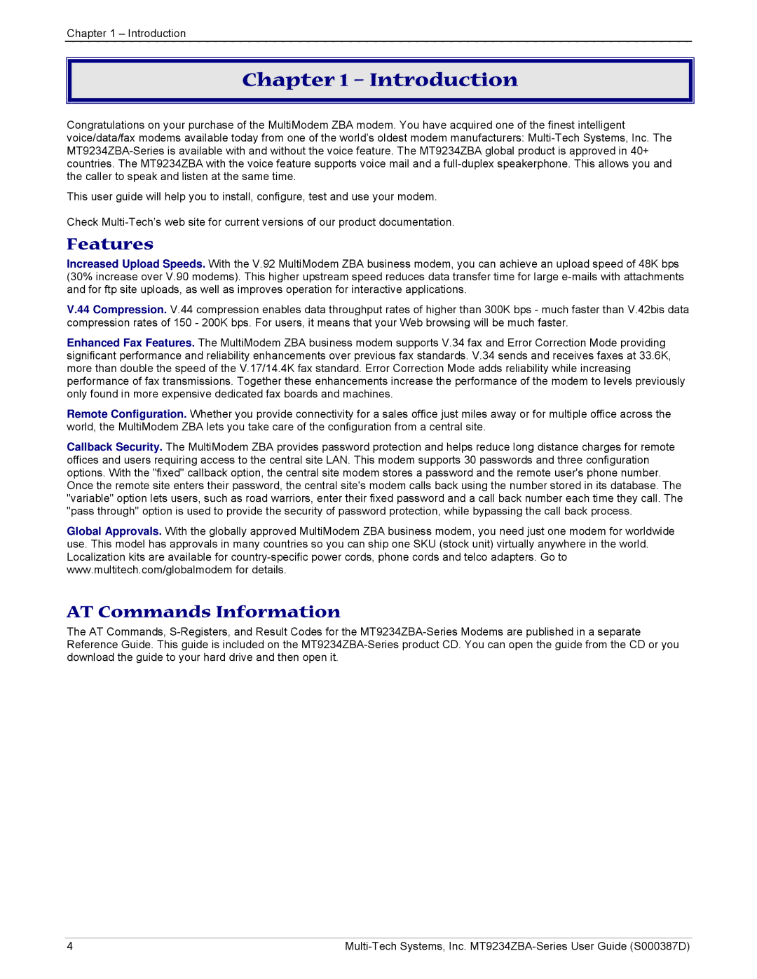 Multi-Tech Systems MT9234ZBA manual Introduction, Features, AT Commands Information 