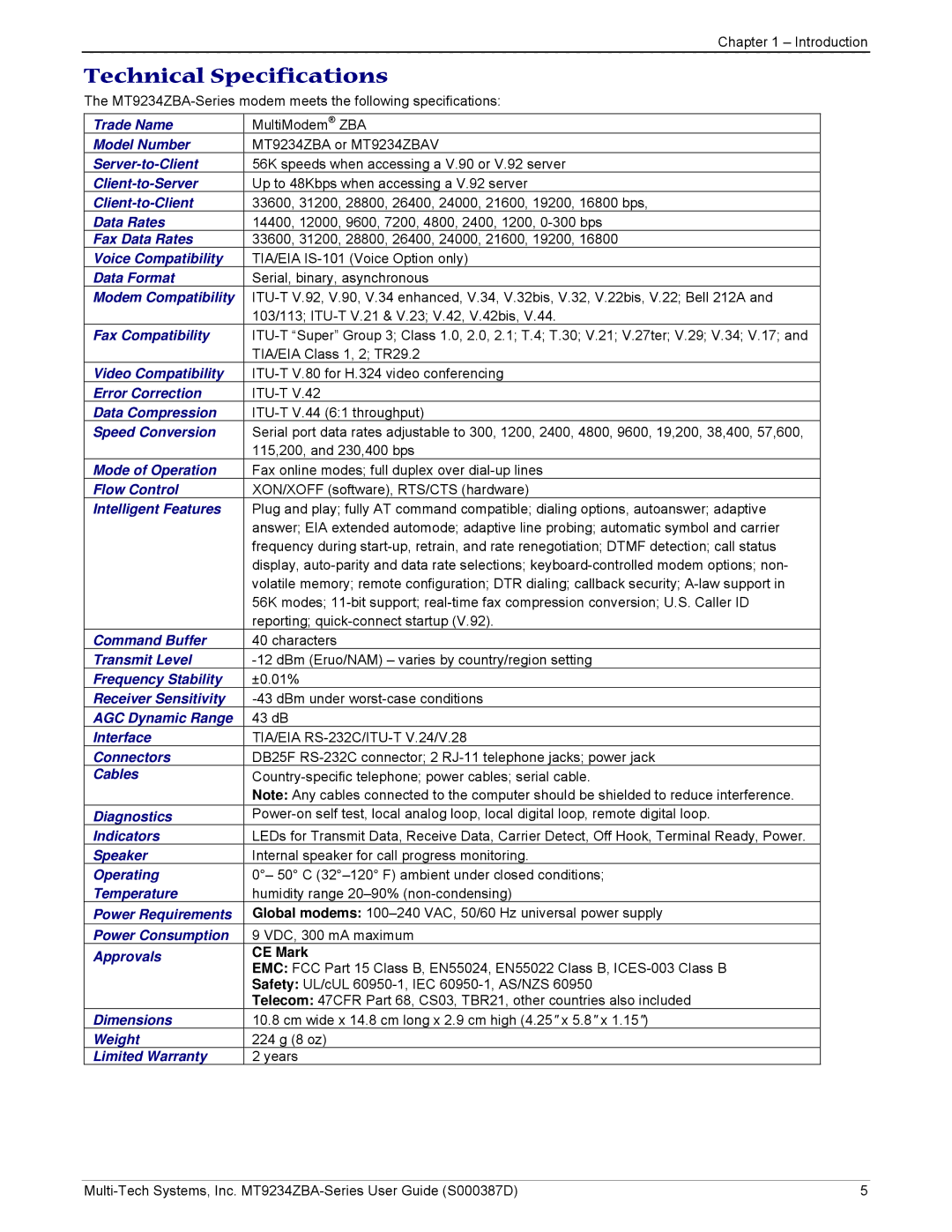 Multi-Tech Systems MT9234ZBA manual Technical Specifications, CE Mark 