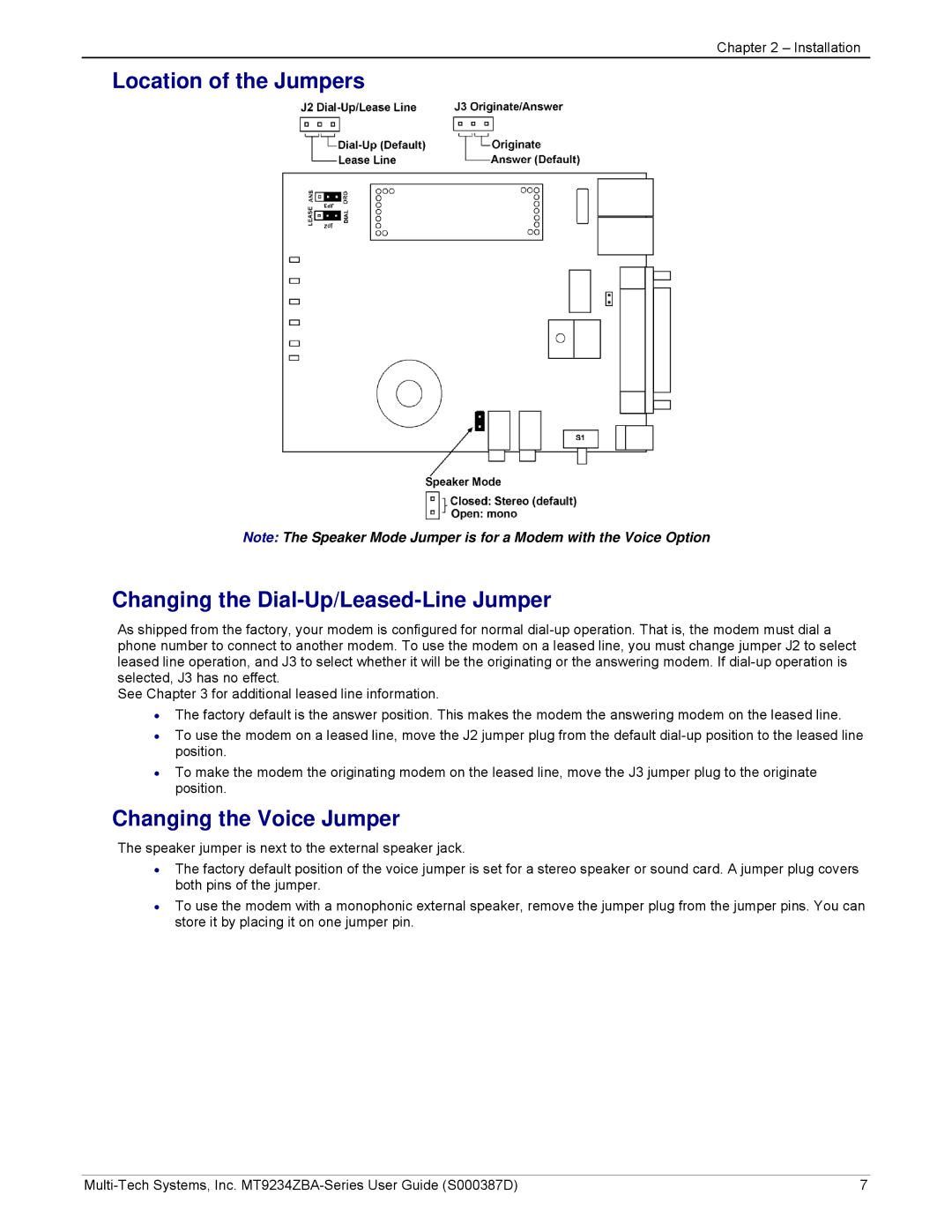 Multi-Tech Systems MT9234ZBA manual Changing the Voice Jumper 