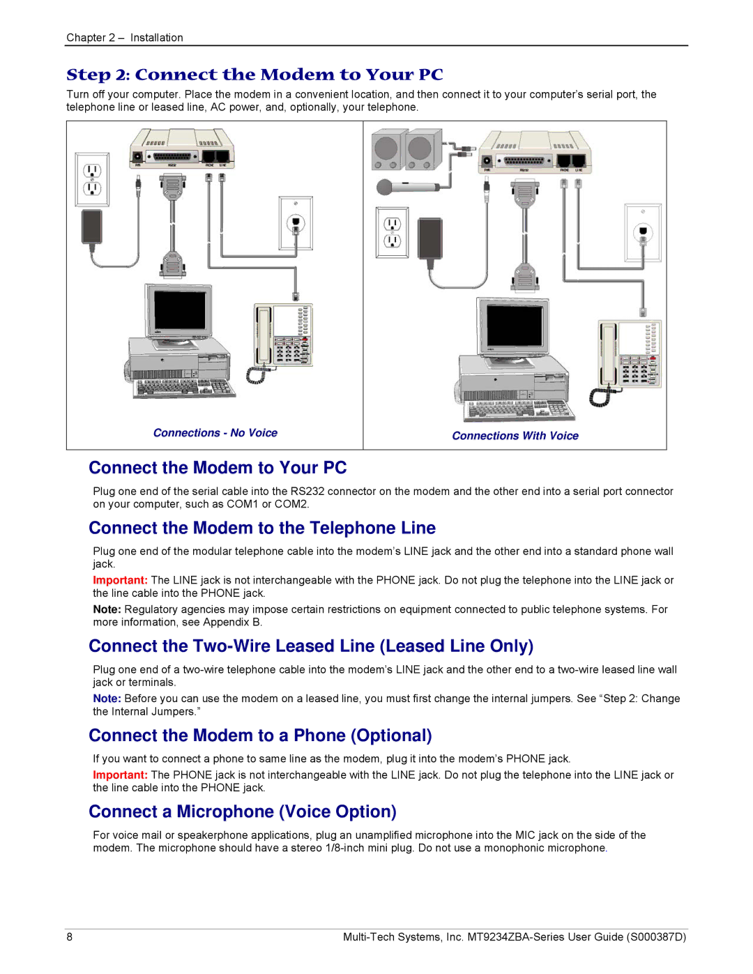 Multi-Tech Systems MT9234ZBA manual Connect the Modem to Your PC, Connect the Modem to the Telephone Line 