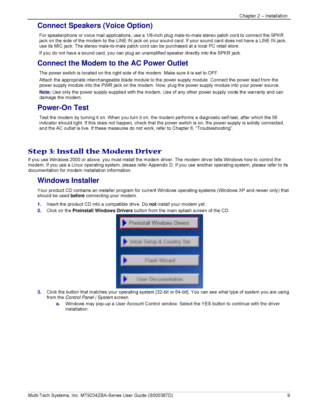 Multi-Tech Systems MT9234ZBA manual Connect Speakers Voice Option, Connect the Modem to the AC Power Outlet, Power-On Test 