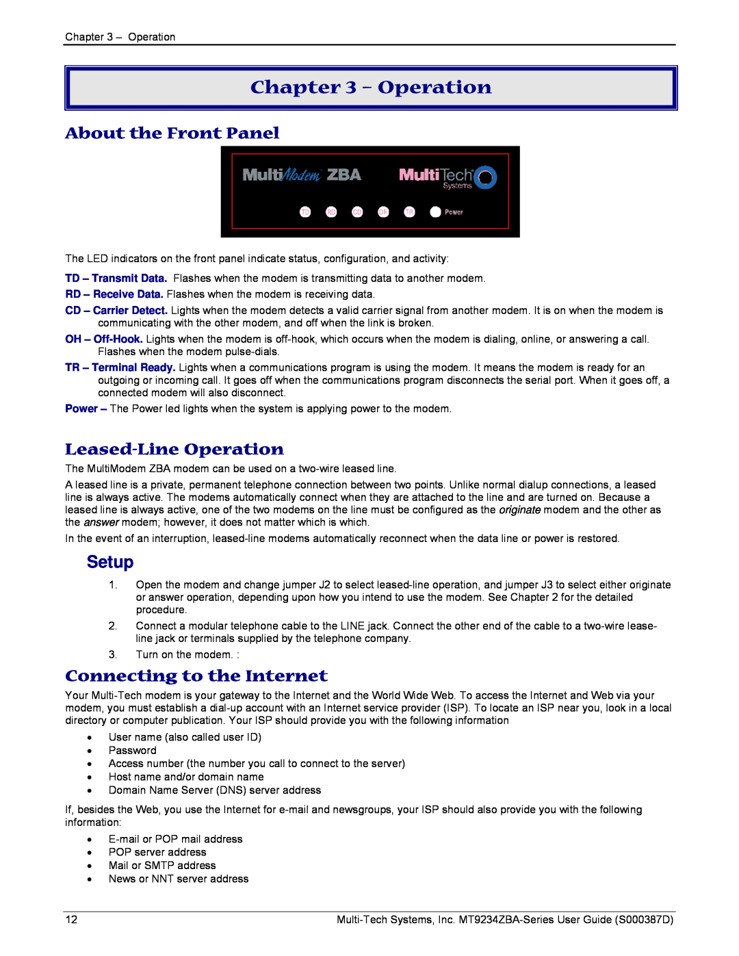 Multi-Tech Systems MT9234ZBA manual About the Front Panel, Leased-Line Operation, Setup, Connecting to the Internet 