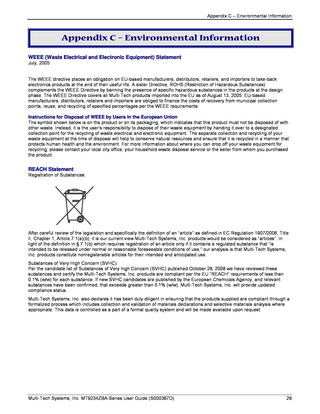Multi-Tech Systems MT9234ZBA manual Appendix C - Environmental Information, REACH Statement 