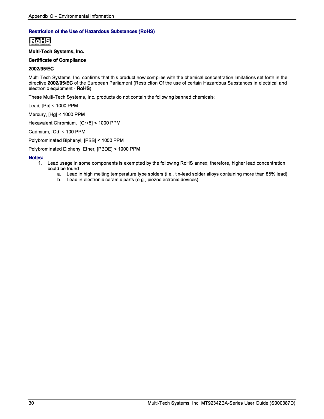 Multi-Tech Systems MT9234ZBA manual Restriction of the Use of Hazardous Substances RoHS 