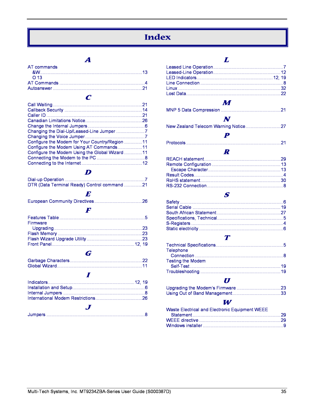 Multi-Tech Systems MT9234ZBA manual Index 