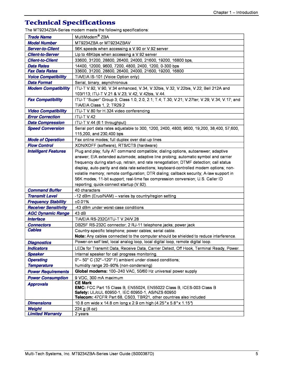 Multi-Tech Systems MT9234ZBA manual Technical Specifications 