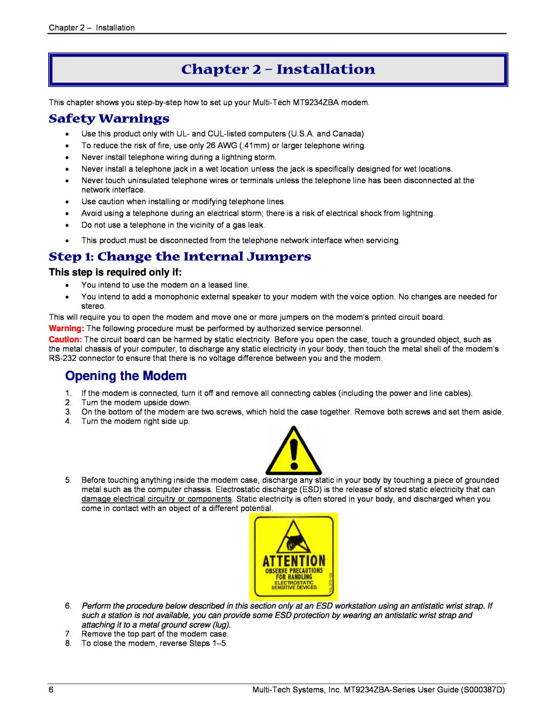 Multi-Tech Systems MT9234ZBA manual Installation, Safety Warnings, Change the Internal Jumpers, Opening the Modem 