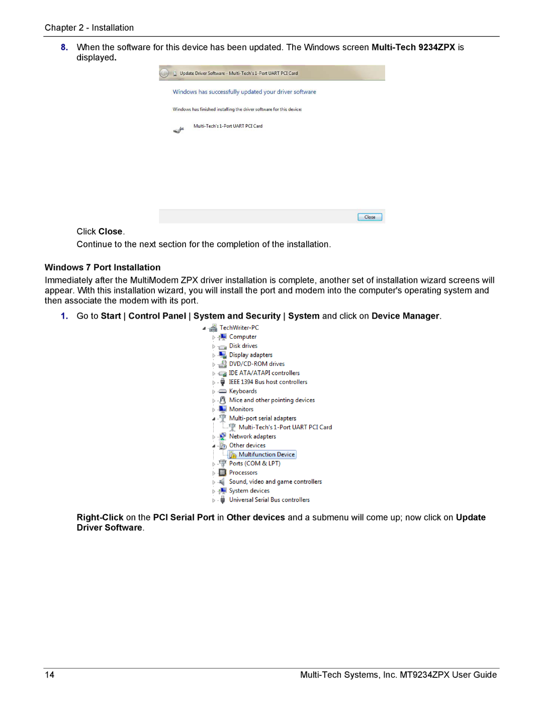 Multi-Tech Systems MT9234ZPX-UPCI-NV manual Windows 7 Port Installation 