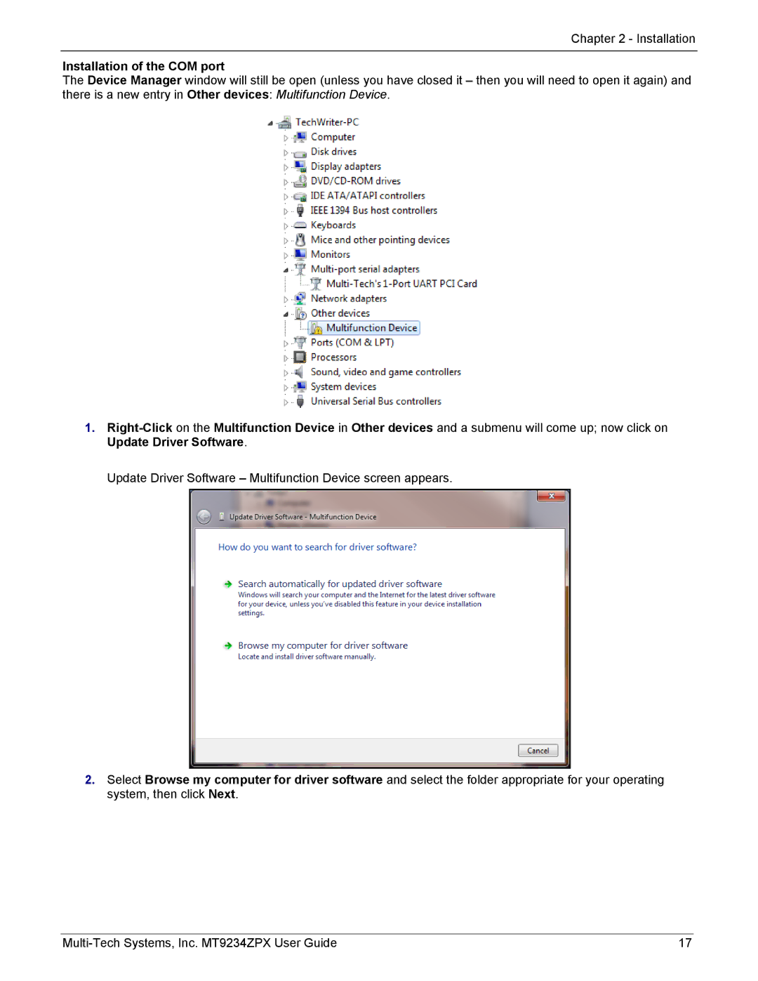 Multi-Tech Systems MT9234ZPX-UPCI-NV manual Installation of the COM port 