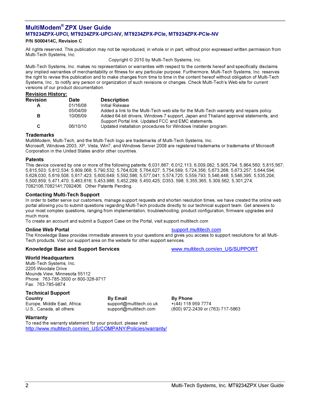 Multi-Tech Systems MT9234ZPX-UPCI-NV Revision History Date Description, Trademarks, Patents, Contacting Multi-Tech Support 