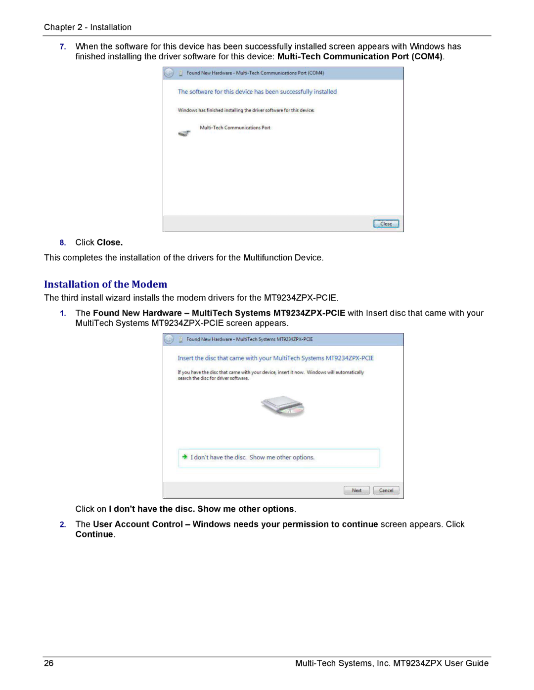 Multi-Tech Systems MT9234ZPX-UPCI-NV manual Installation of the Modem 