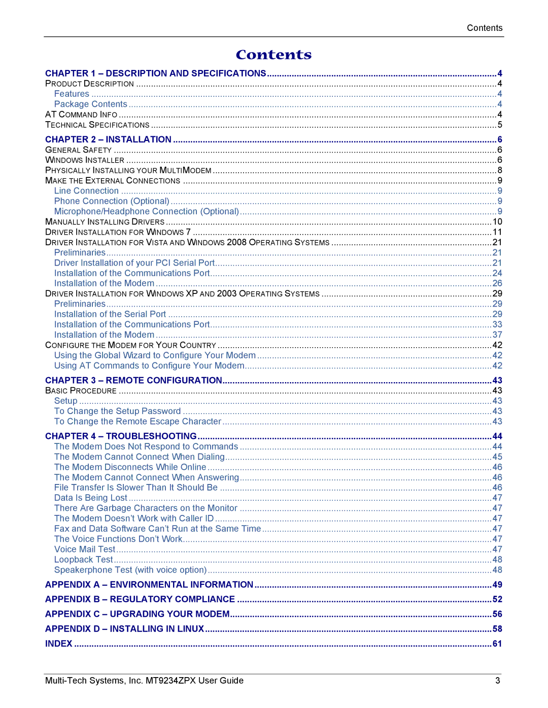 Multi-Tech Systems MT9234ZPX-UPCI-NV manual Contents 