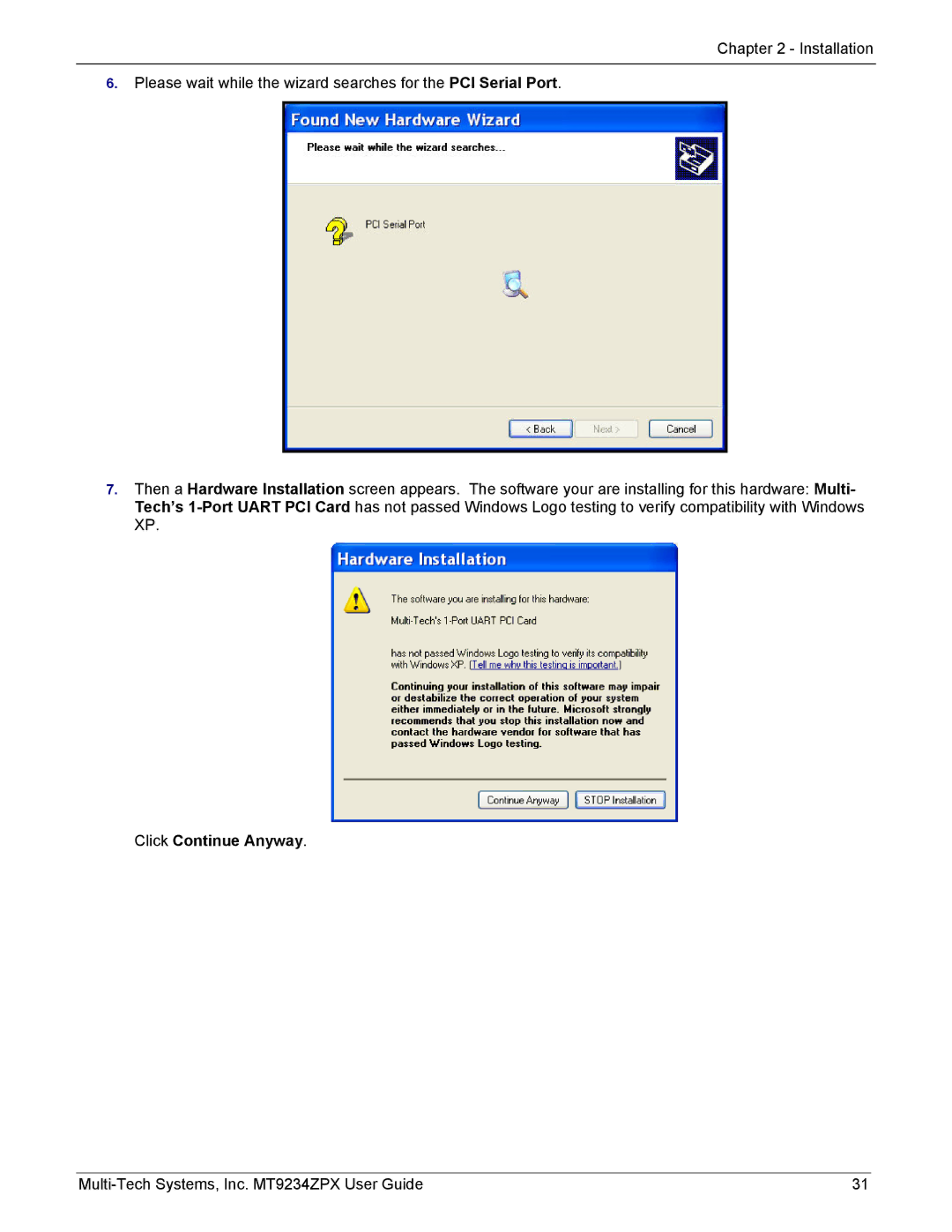 Multi-Tech Systems MT9234ZPX-UPCI-NV manual Click Continue Anyway 