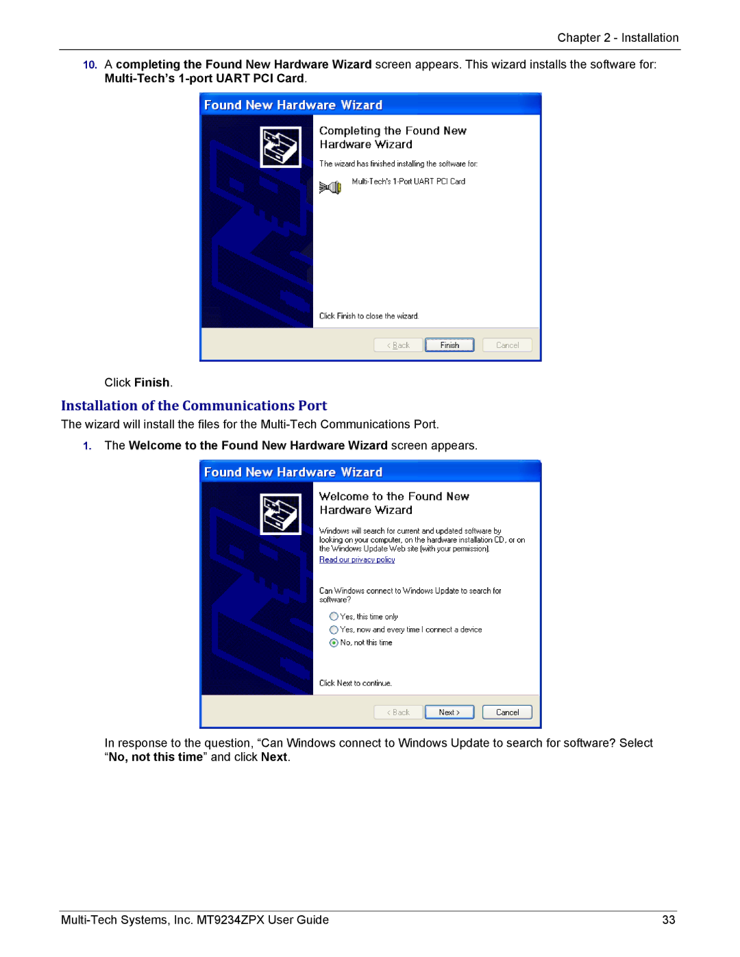 Multi-Tech Systems MT9234ZPX-UPCI-NV manual Installation of the Communications Port 