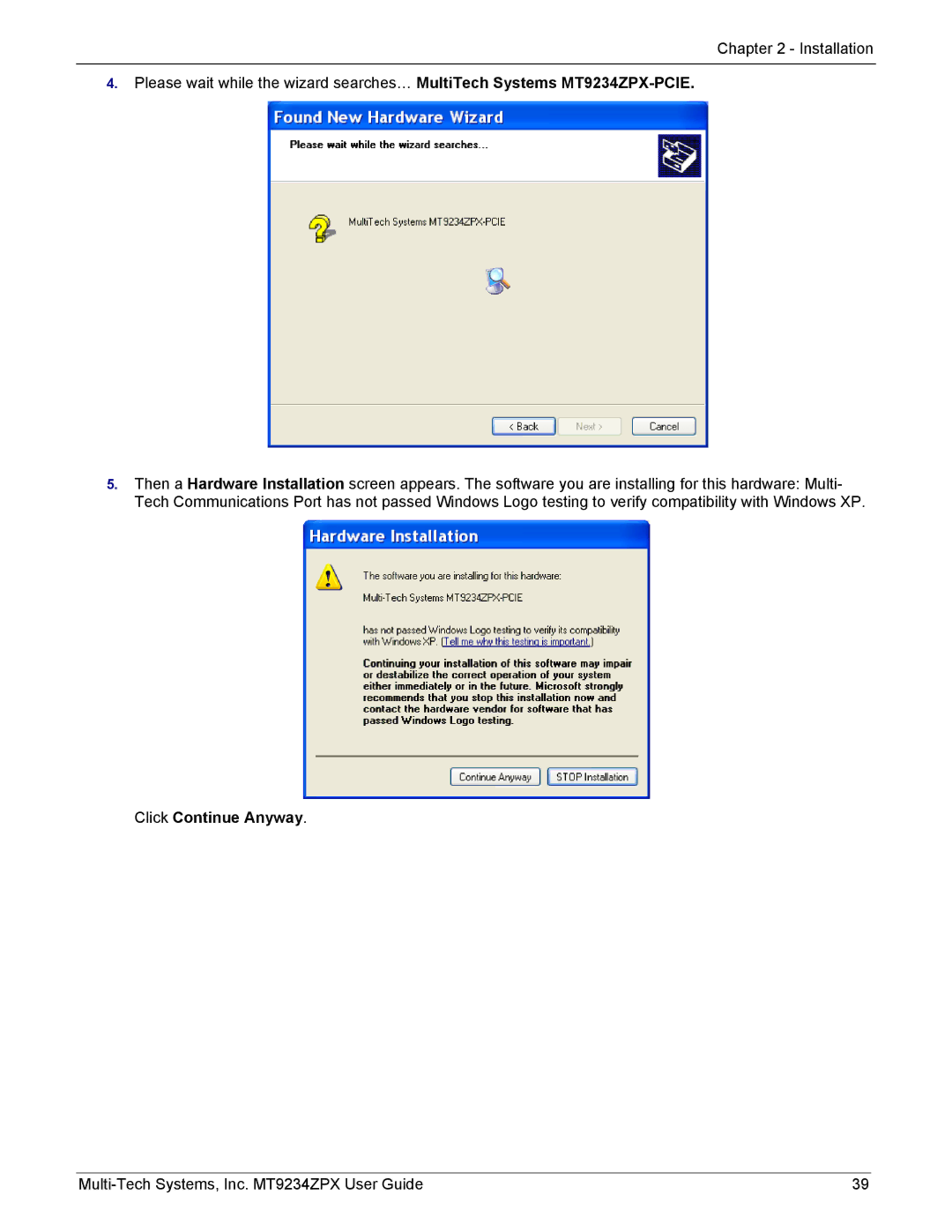 Multi-Tech Systems MT9234ZPX-UPCI-NV manual Click Continue Anyway 