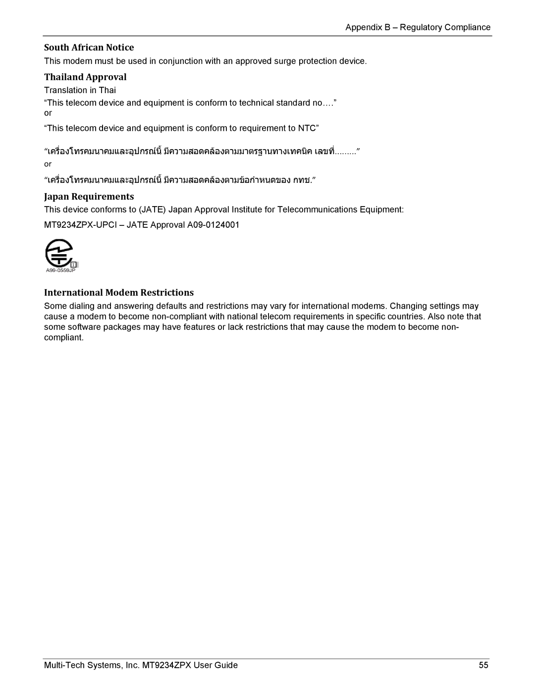 Multi-Tech Systems MT9234ZPX-UPCI-NV manual South African Notice, Thailand Approval, Japan Requirements 