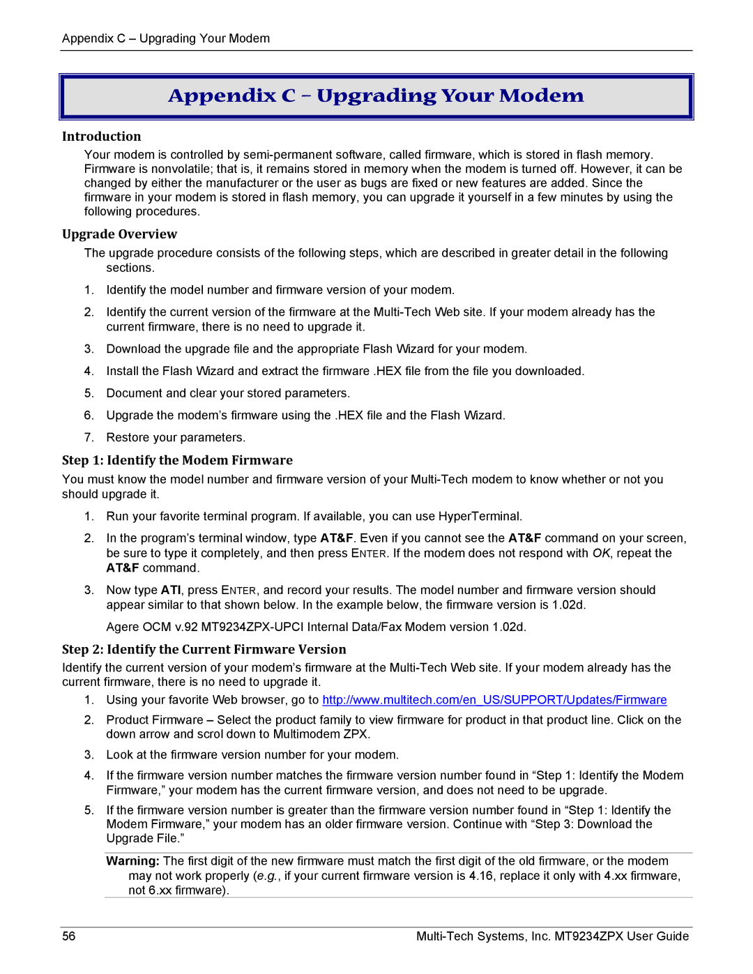 Multi-Tech Systems MT9234ZPX-UPCI-NV manual Appendix C Upgrading Your Modem, Introduction, Upgrade Overview 