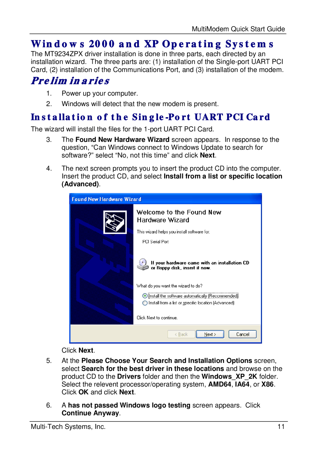 Multi-Tech Systems MT9234ZPX-UPCI Windows 2000 and XP Operating Systems, Installation of the Single-Port Uart PCI Card 