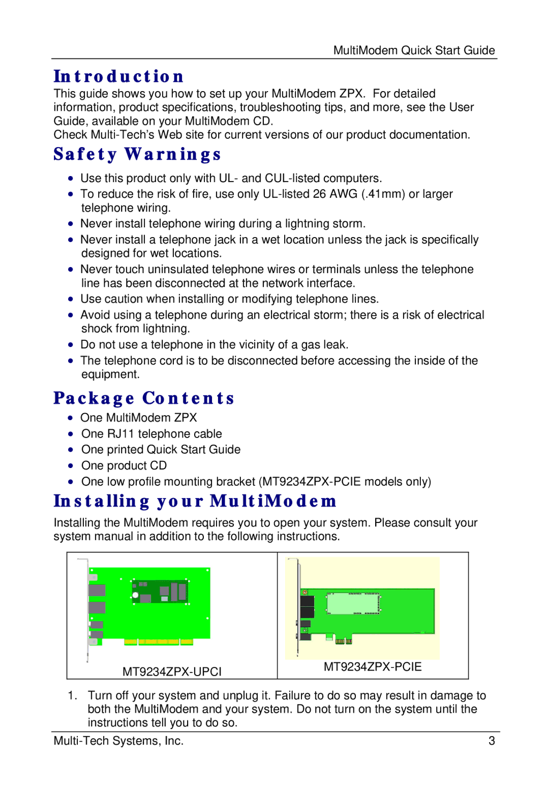 Multi-Tech Systems MT9234ZPX-UPCI quick start Introduction, Safety Warnings, Package Contents, Installing your MultiModem 