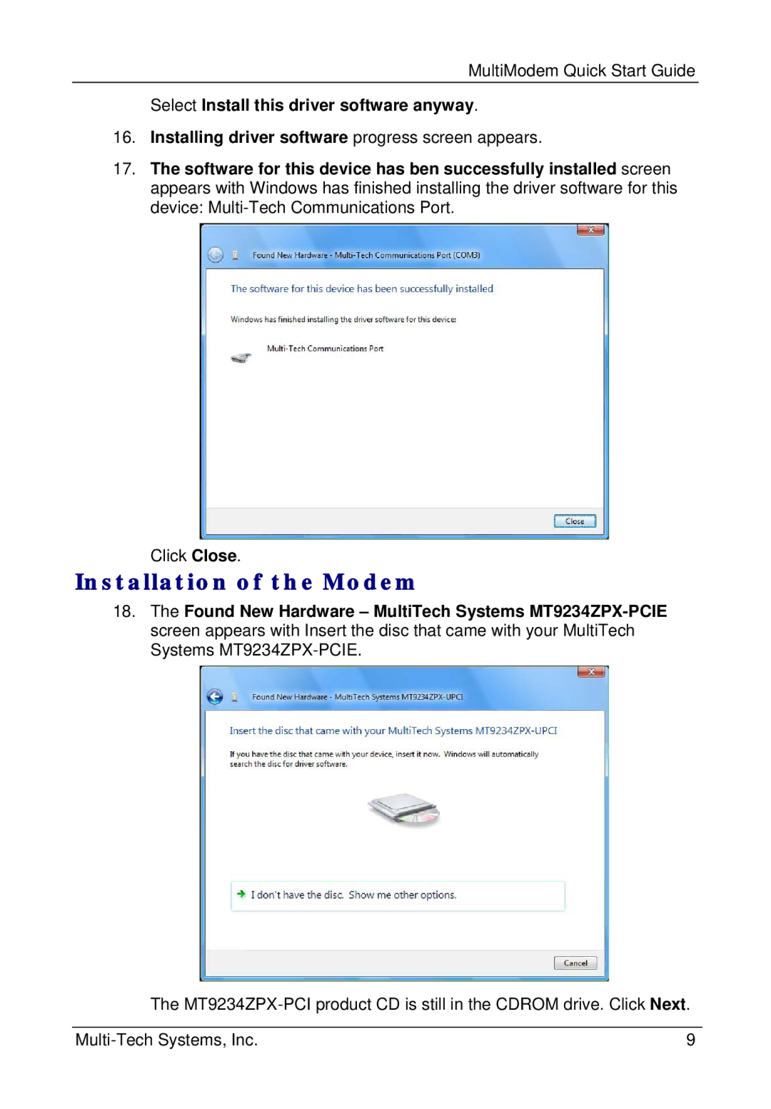 Multi-Tech Systems MT9234ZPX-UPCI quick start Installation of the Modem 