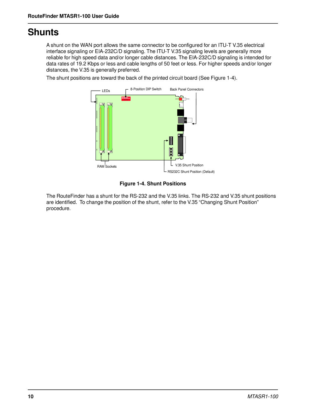 Multi-Tech Systems MTASR1-100 manual Shunts, Shunt Positions 