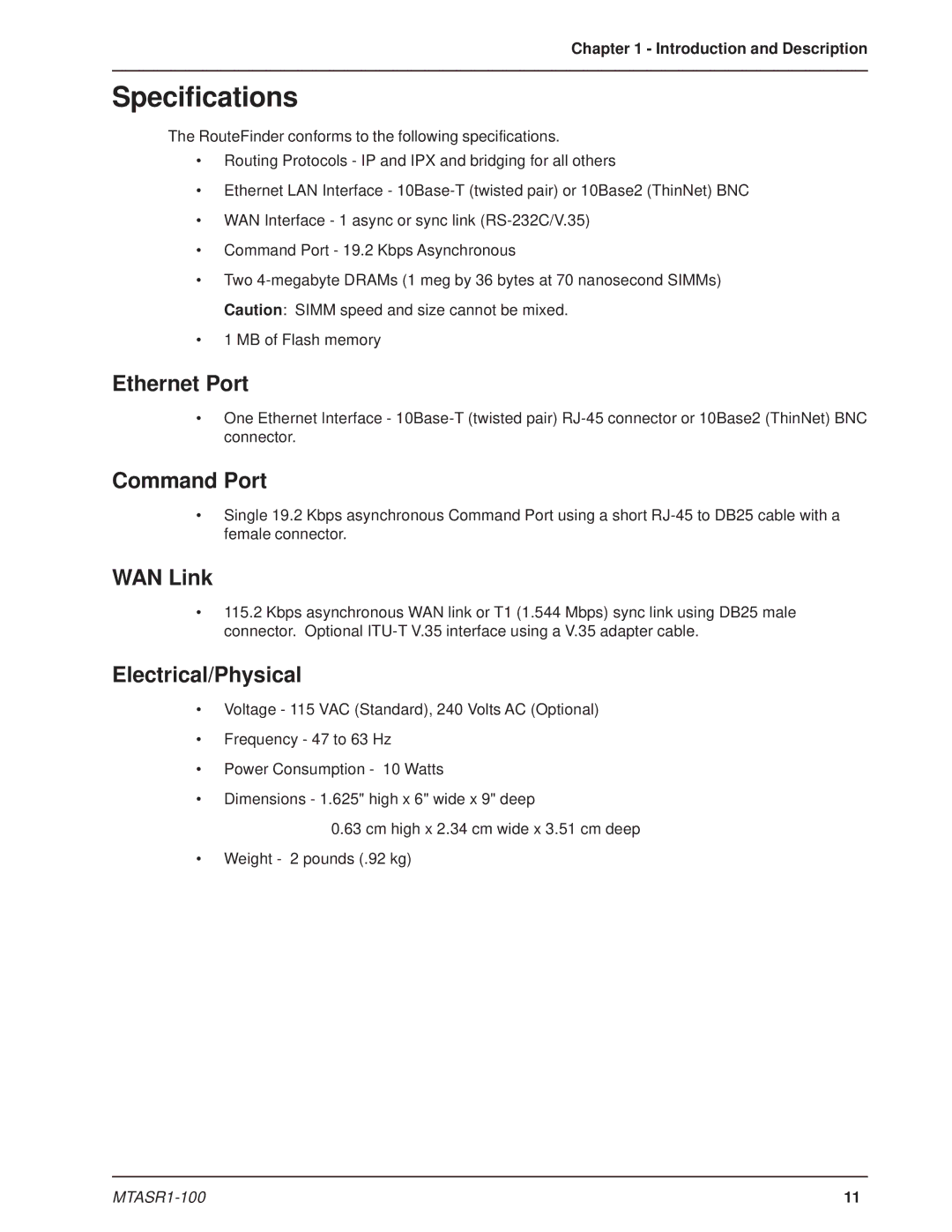 Multi-Tech Systems MTASR1-100 manual Specifications, Ethernet Port, Command Port, WAN Link, Electrical/Physical 