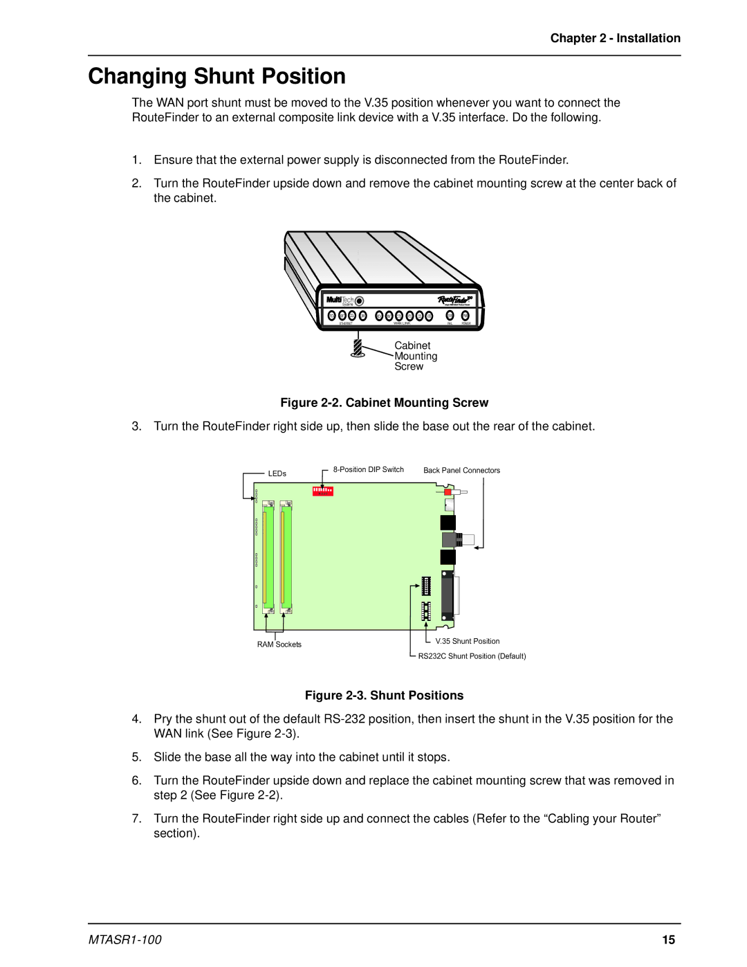 Multi-Tech Systems MTASR1-100 manual Changing Shunt Position, Installation 