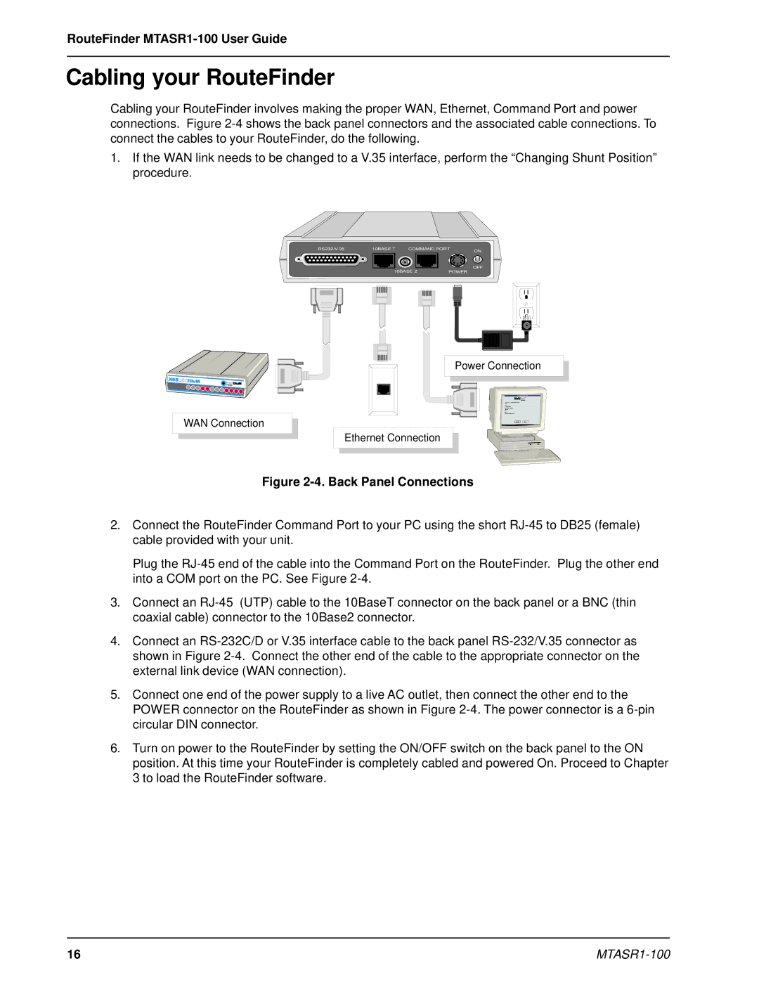 Multi-Tech Systems MTASR1-100 manual Cabling your RouteFinder, Back Panel Connections 