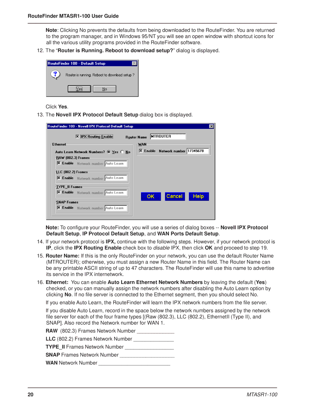 Multi-Tech Systems MTASR1-100 manual Novell IPX Protocol Default Setup dialog box is displayed 