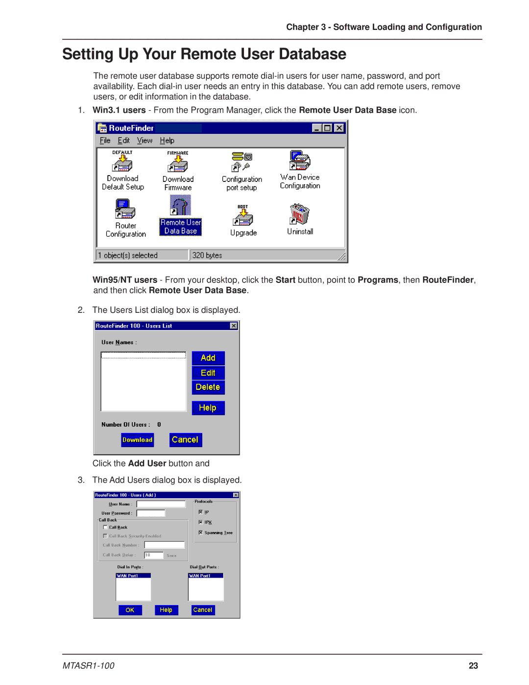 Multi-Tech Systems MTASR1-100 manual Setting Up Your Remote User Database 