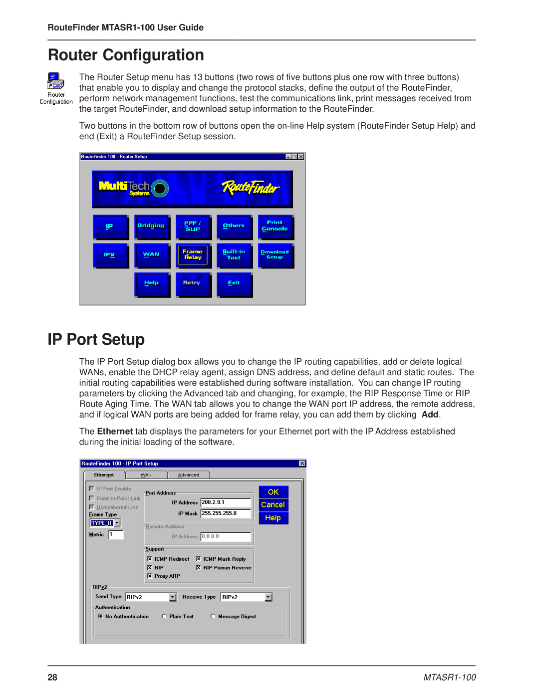 Multi-Tech Systems MTASR1-100 manual Router Configuration, IP Port Setup 