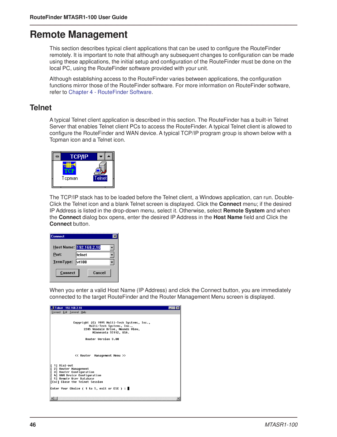 Multi-Tech Systems MTASR1-100 manual Remote Management, Telnet 