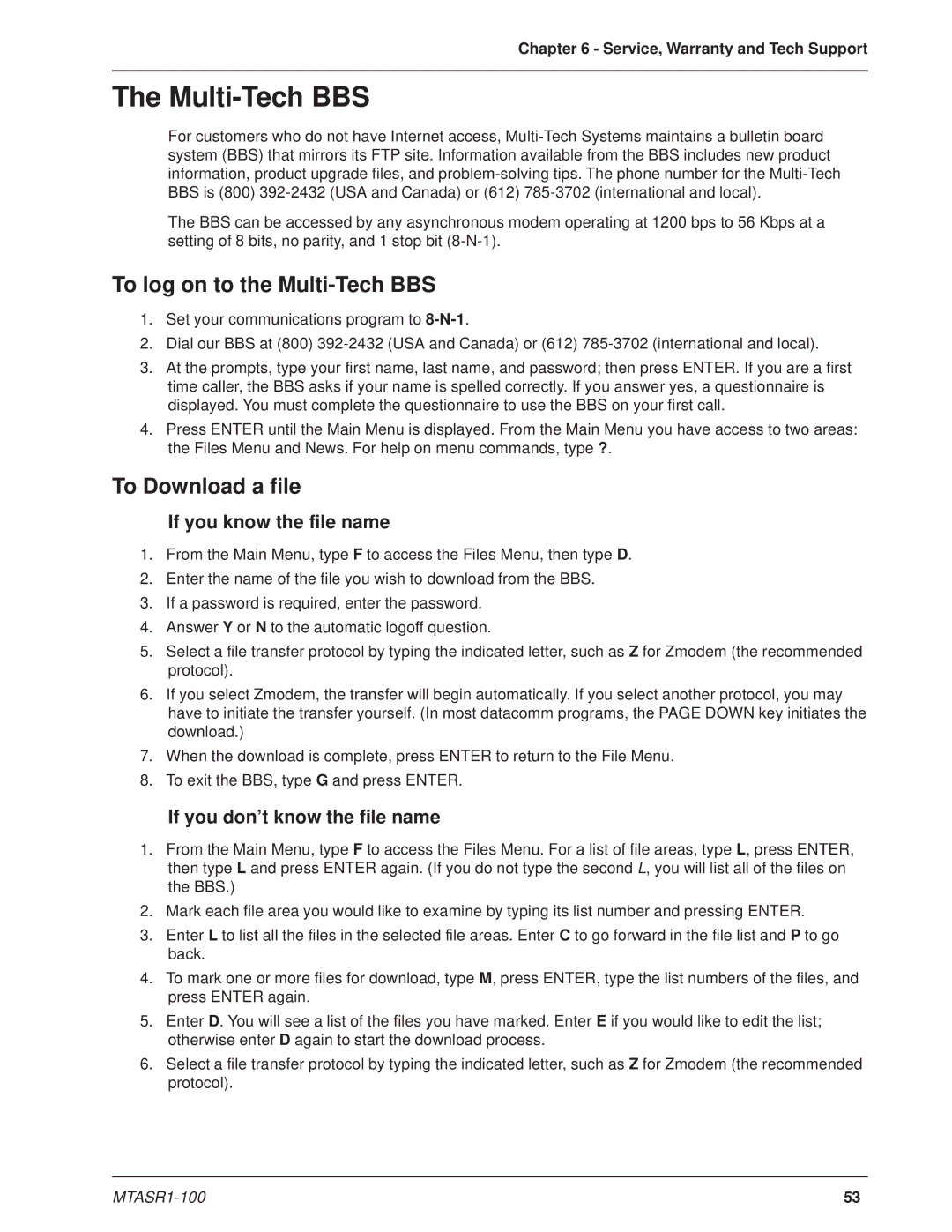 Multi-Tech Systems MTASR1-100 manual To log on to the Multi-Tech BBS, To Download a file, If you know the file name 